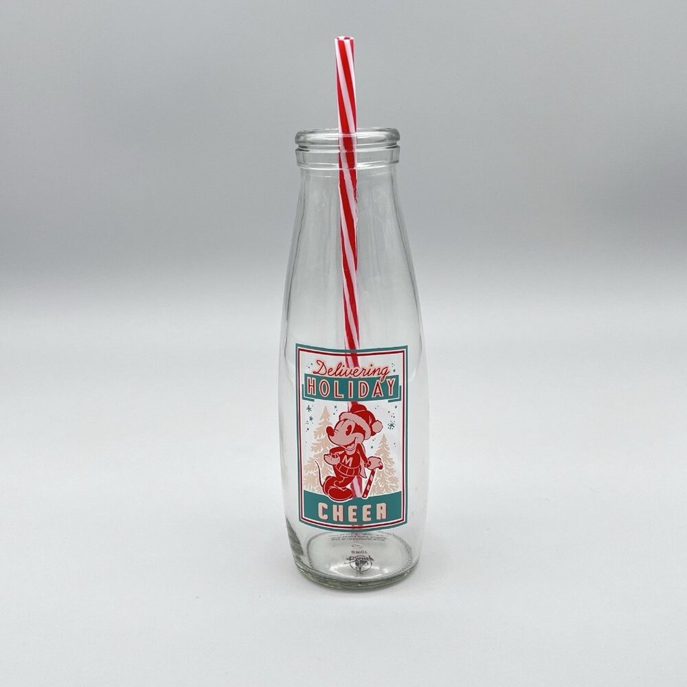 Disney Mickey Mouse Delivering Holiday Cheer 500ml Milk Bottle & Striped Straw